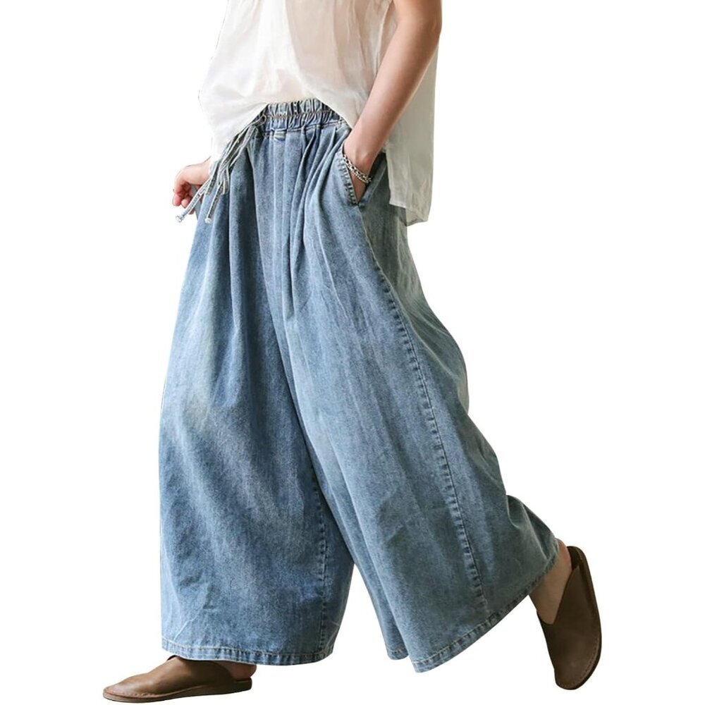 Women's Plus Size Wide Leg Baggy Jeans Elastic Waist Deep Pockets Casual